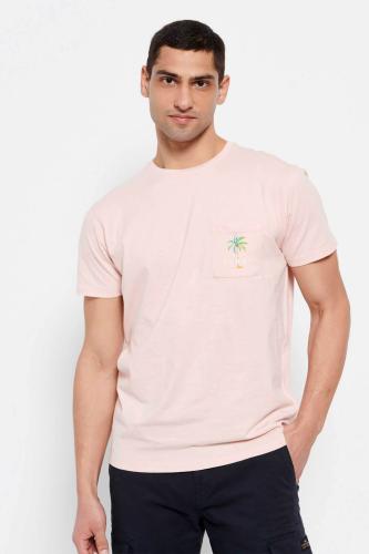 Funky Buddha ανδρικό βαμβακερό T-shirt μονόχρωμο με τσέπη και palm tree print στο στήθος - FBM007-385-04 Ροζ Ανοιχτό L